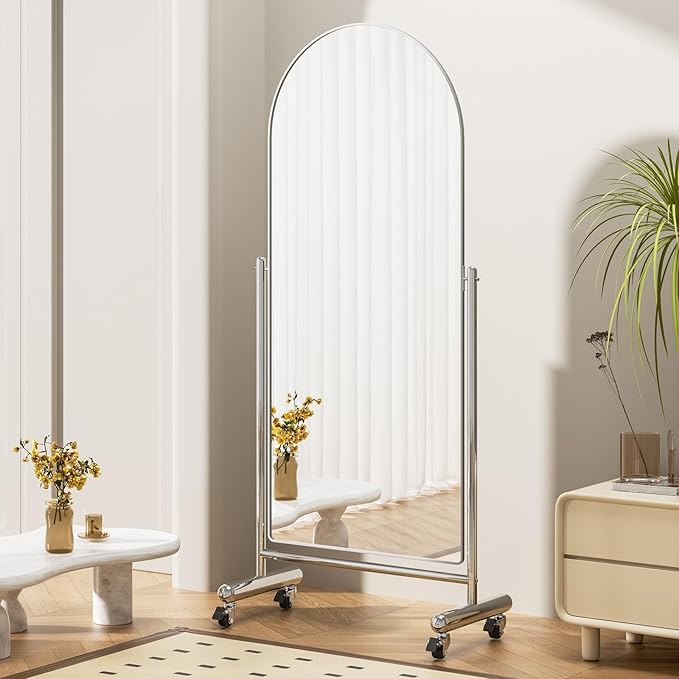 Large Arched Full Length Mirror on Wheels, Rolling Tilting Swivel Floor Mirror 65" x 23" with Tempered Glass and Metal Frame, Modern Dressing Mirror Body Mirror, Home Decor,Silver