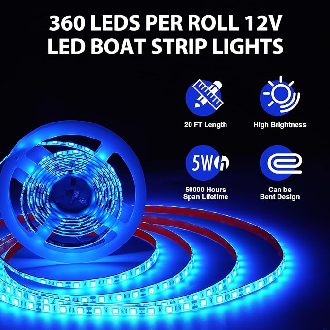 40FT Boat LED Strip Lights 12V Waterproof, Marine LED Strip Lights for Pontoon, Ideal as Under Gunnel Lights, Deck Light, Boat Interior Light for Kayak, Jon Boat and Fishing Boats (Blue)