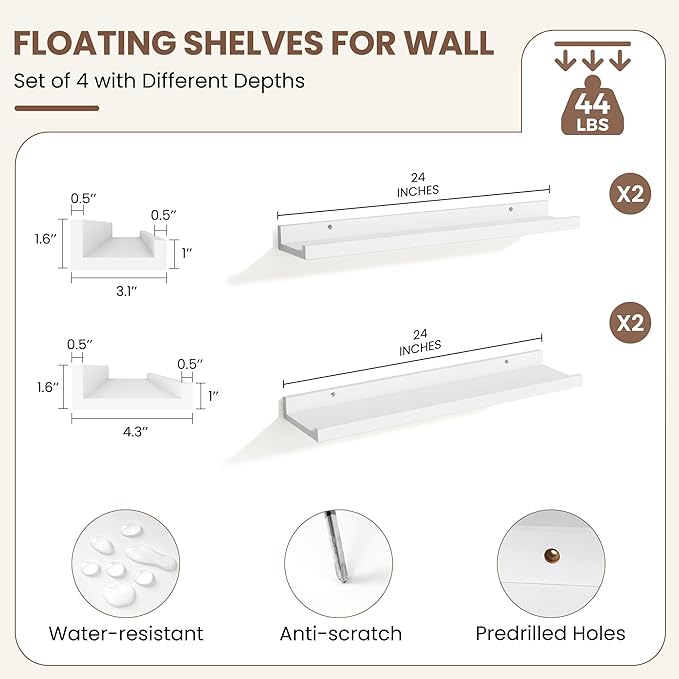 Fun Memories Picture Ledge Shelf, White Floating Shelves Set of 4, 24 Inch Picture Shelves for Wall with Ledge, Large Nursery Book Shelf for Toys Storage, Living Room, Bedroom Decor Frames