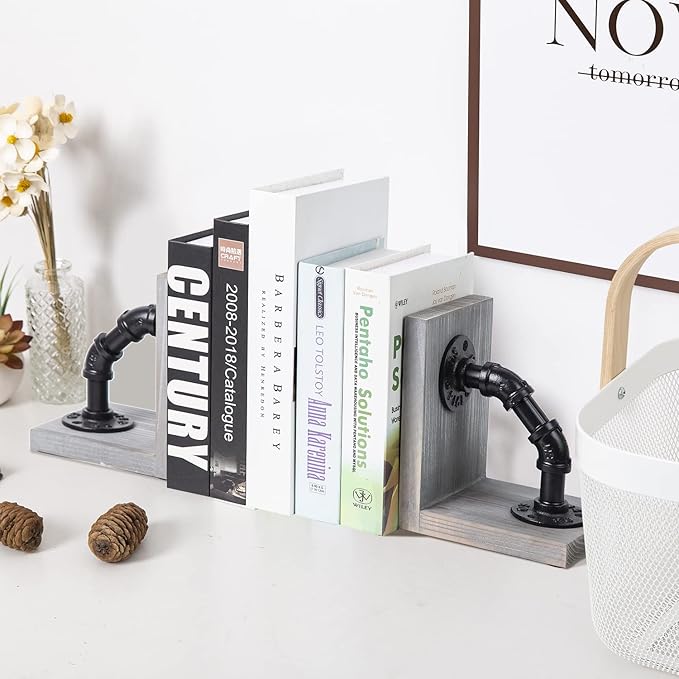 Rustic Decorative Wooden Tabletop Farmhouse Bookends for Heavy Books with Modern Industrial-Style Pipe Office Desktop Bookshelf Organizers Holder Nonskid Shelf Decor for Home Office 1-Pair (Grey)