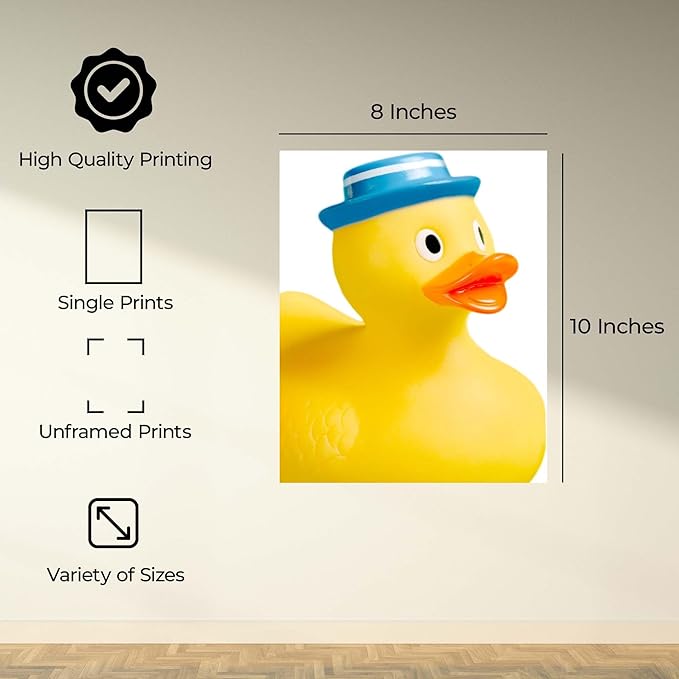 InkFlow Posters Rubber Duckie Poster - Quirky Yellow Duck Print with Vintage Pop Style, Lighthearted Wall Decor for Bathroom - Humorous Art for Home Use - 8x10 Unframed Canvas Print