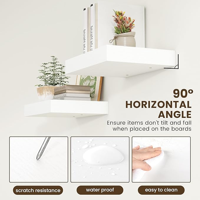 FLYJOE 12 Inch Deep Floating Shelves | 16 Inch White Floating Shelves Set of 2 | Rustic White Deep Shelves for Wall | White Wall Shelves for Living Room Bathroom Kicthen Bedroom