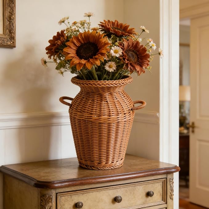 LABRIMP Creative Rattan Woven Vase 9 Inch Brown Decorative Flower Basket for Home Office Rustic Centerpiece Artificial Flower Holder