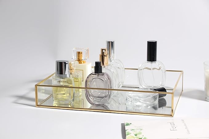 Feyarl Gold Glass Perfume Fragrance Tray Mirror Vanity Jewelry Trinket Magazine Photo Organizer Ornate Cosmetic Makeup Display Decorative Coffee Table Tray for Home Decor Dresser Tabletop （11.8” x 8"）