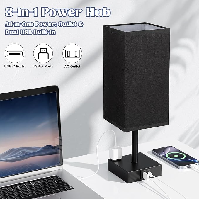 aooshine Black Lamp for Nightstand - Touch Table Lamp with Type C + A and AC Outlet, Square Charging Lamps for Bedroom Decor, Small Night Light for Office, Dorm Lamp for Men, E26 Bulb Included