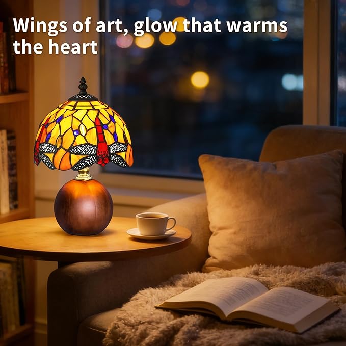 12.2" Tiffany Style Lamp, Handcrafted Dragonfly Stained Glass Table Lamp with Weighted Solid Wood Base, 3-Color Dimmable Bedside Nightstand Light for Bedroom & Living Room, LED Bulb Included