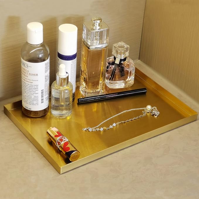 FREELOVE Gold Tray for Bathroom Vanity Brass Decor, Small Candle Holder, Rectangle Soap Dish, Brushed Square Plate, Coffee Table Toilet Back Modern Antique, 8''X12''