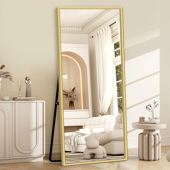GlasFlength Full Body Mirror with Stand, 71" x 32" Full Length Mirror with Aluminum Alloy Frame Wall-Mounted/Leaning Against Wall/Floor Standing Mirror for Home Decor, Gold