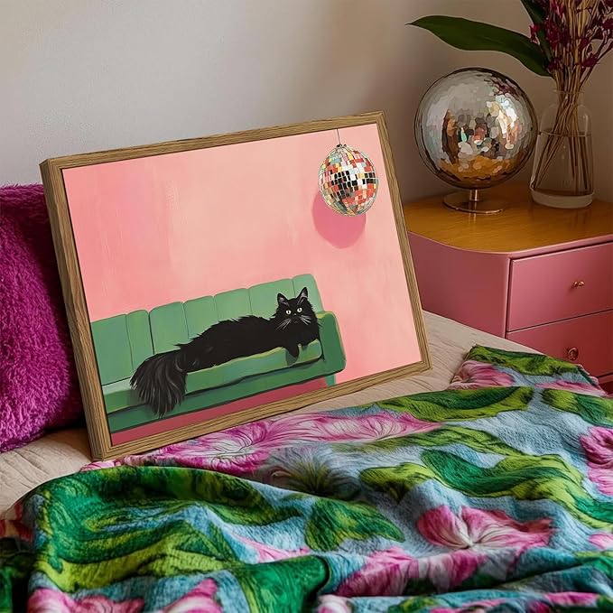 Funny Black Cat Wall Art, Cute Animal Wall Decor Painting, Eclectic Disco Ball Bar Cart Canvas Prints Artwork Pictures for Bedroom Living Room 16x24 inch Wood Framed