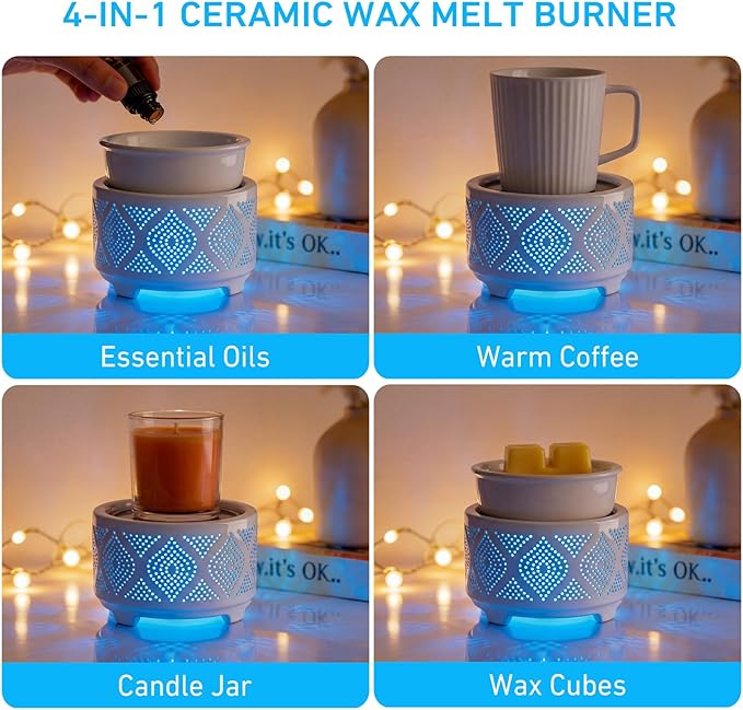 Wax Melt Burner Ceramic Electric 4-in-1 Candle Warmer Lamp with 7-Color LED Light Fragrance Oil Burner for Scented Wax Candle Jar Home Office Bedroom Decor Gifts for Women Mom - Heart Pattern
