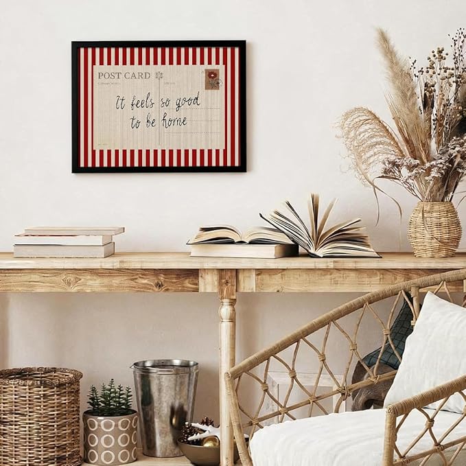 Red Vintage Postcard Poster It Feels So Good To Be Home Quote Wall Art Mid Century Modern Striped Canvas Prints for Living Room Bedroom Wall Decor 12X16 inch Aluminum Framed