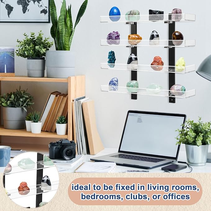 Novabright 4 Layer Rock Display Shelves Clear Acrylic Floating Shelves Wall Organizer for Stone Collection 11.8" Rock Display Stand for Stone Minerals Gemstones Crafts Figure Perfume for Living Room