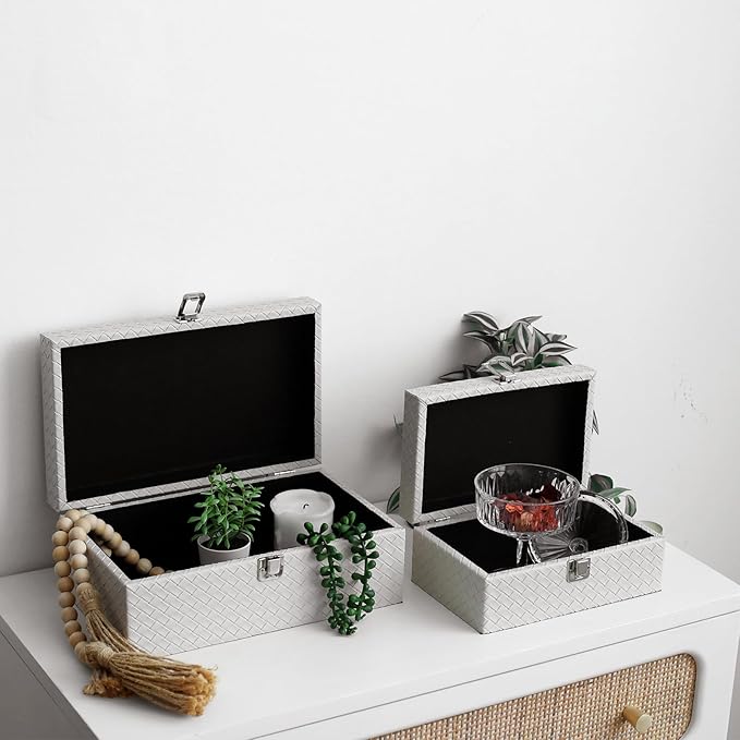 DECOR4SEASON Faux Leather Decorative Jewelry Storage Organizer Boxes Set of 2, Apricot White