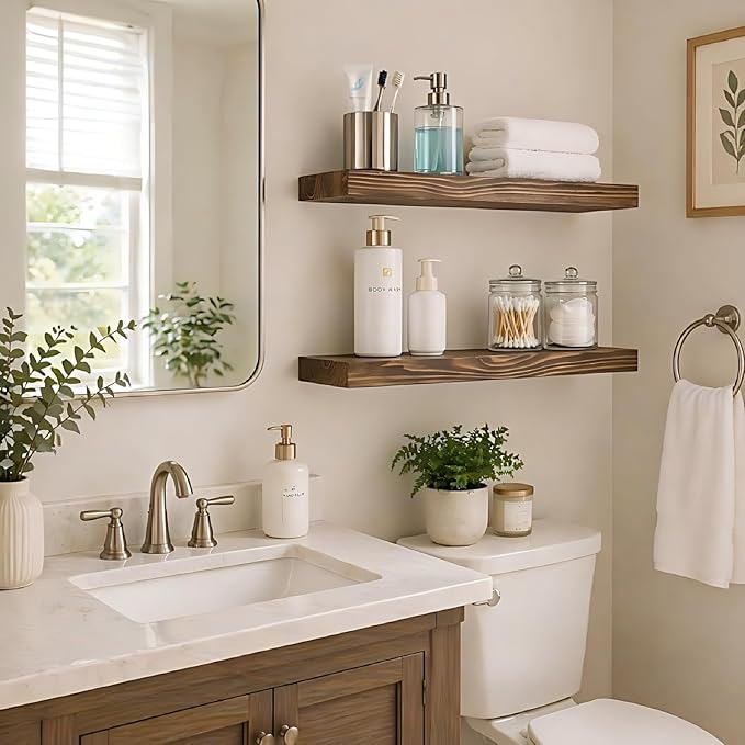 24 Inch Floating Shelves,8-in Deep High-End Solid Wood Floating Shelves for Wall Set of 2,Rustic Walnut Wall Shelves for Bathroom Bedroom Kitchen, with Sturdy Hidden Bracket, Walnut Finish