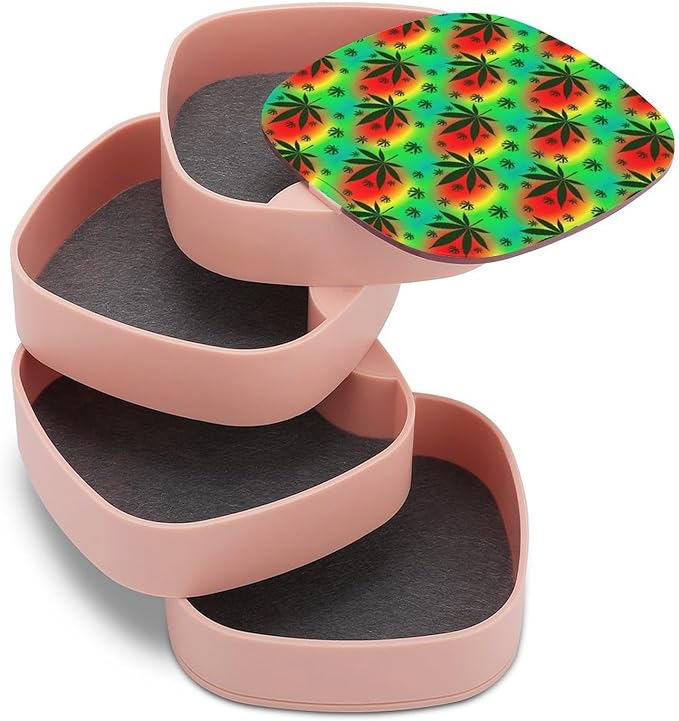 4-Layers Rotating Jewelry Box with Mirror Small Jewelry Storage Box Earring Holder for Bracelets Rings (Rasta Leaf Weedleaf)