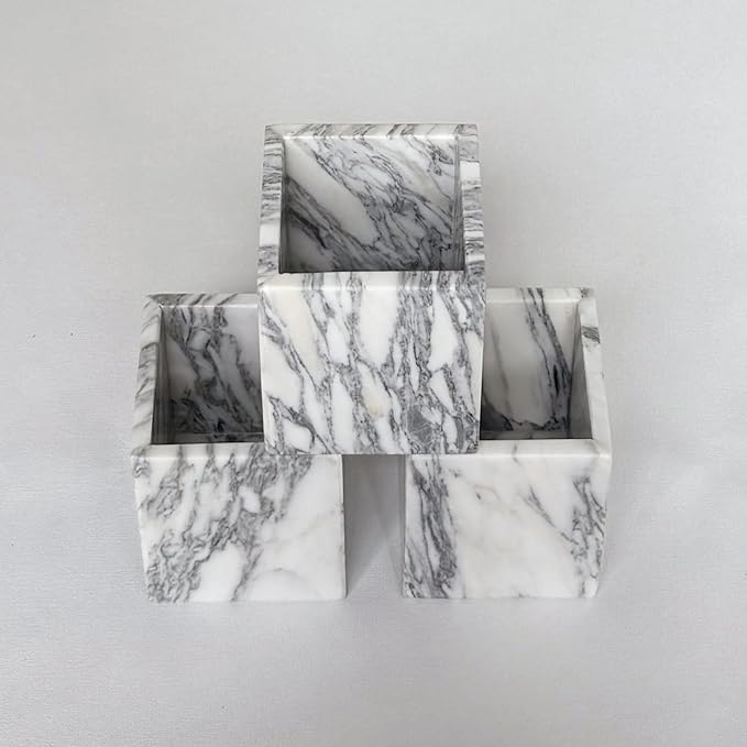 Natural Marble Stone Square Storage Container Empty Vessel Holder Cup for Candle/Pens/Sundries items (Arabescato White)