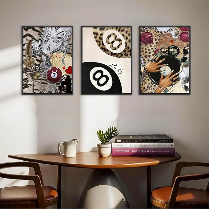 Fashion Cheetah Wall Art Set of 3 Leopard Wall Decor Pictures Lucky 8 Ball Poster Canvas Painting Prints Dark Red Cheetah Artwork for Bedroom Living Room 16x24 inch Black PS Framed