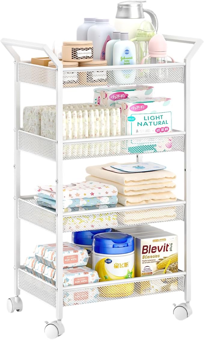 Baby Diaper Caddy Cart, 4-Tier Diaper Caddy Organizer and Storage, Rolling Utility Cart for Baby Supplies, Diaper Cart with Wheels for Bedroom, Nursery, Changing Table, White