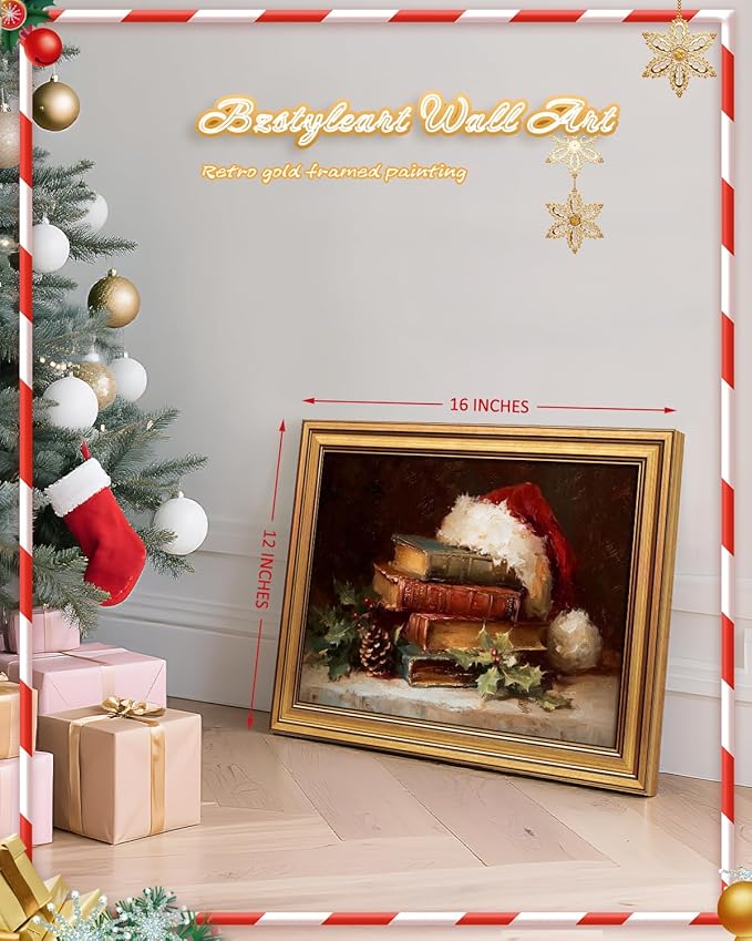 Bzstyleart Vintage Wall Art Decor for Living Room, Vintage Santa Hat Wall Art Christmas, 12 x 16 Inch Christmas Canvas Decorations for Home, Canvas Picture Print
