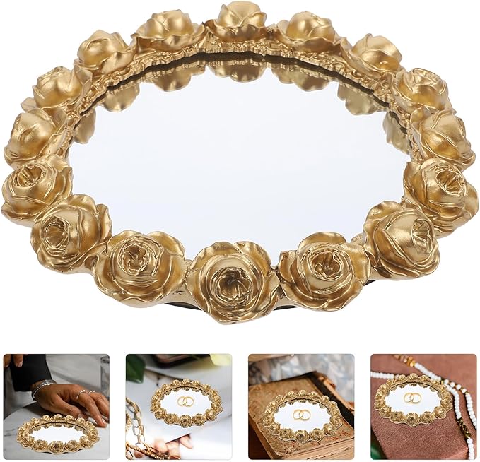 NUOBESTY Gold Mirror Rose Decorative Jewelry Tray, Small Vanity Organizer Plate for Makeup, Trinket, and Snack Storage in Bedroom Or Bathroom