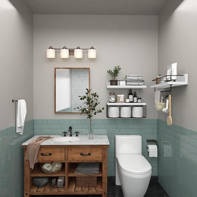 PopiShelves Bathroom Shelves Over Toilet for Wall, Floating Shelves with Storage Basket Paper Holer for Kitchen Living Room, Bedroom & Classroom, Set of 3 (White and Black)