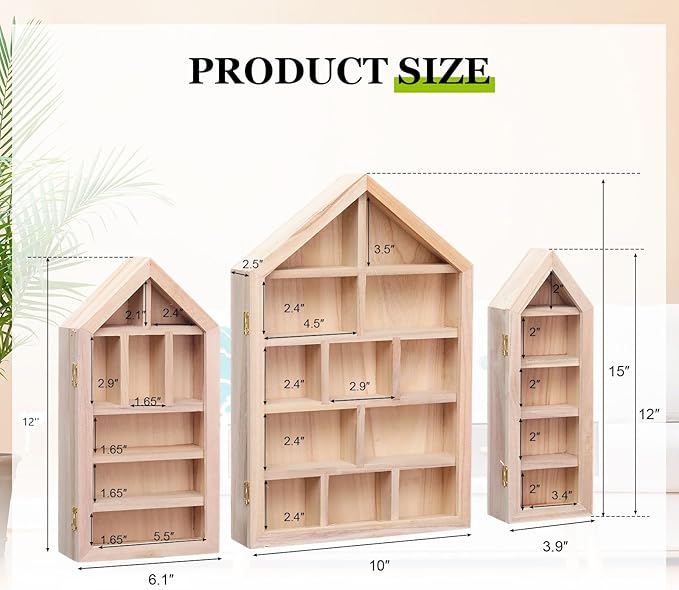 DoubleFill Set of 3 Wooden Trinket Display Shelf Shadow Box with Shelves 10 x 15 Inch Large Wall Mounted Display Storage Mini Figures Curio Trinket Medals Crafts Collections(Wood Color,House Shape)