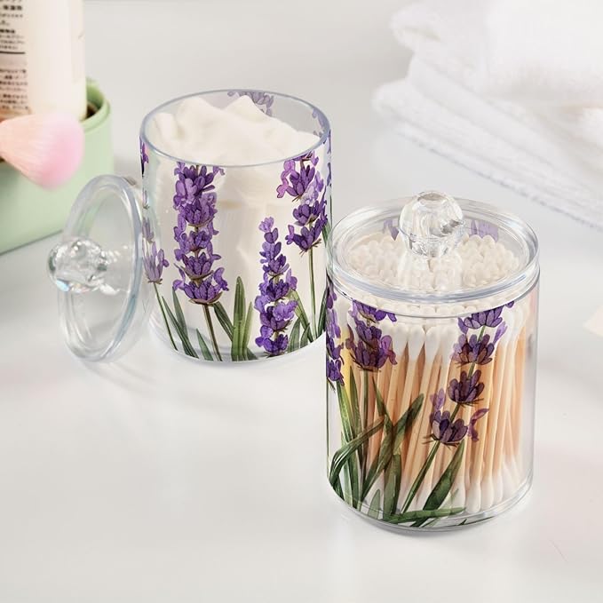 4 Pack Qtip Holder Dispenser Purple Lavender Watercolor Flower Cotton Ball Cotton Swab Round Pads Floss Clear Bathroom Storage Containers Plastic Apothecary
