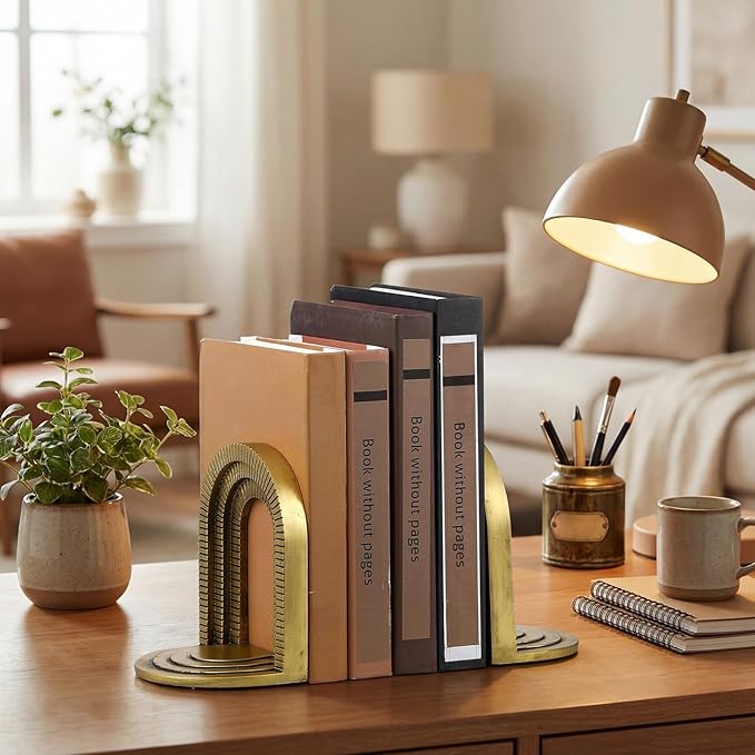 Kathfly Vintage Gold Brick Arch Bookends Resin Book Ends for Shelves Heavy Duty Decorative Bookends, Cute Book Stopper Holder Decor for Desk Home Office, Shelf Decoration
