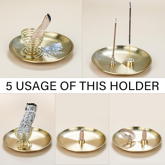 ZenBless 5 in 1 Incense Burner, Palo Santo Holder, Sage Holder, Incense Sticks/Coil/Cones, 5.5 inches Brass Ash Catcher for Meditation Yoga Room (Gold_2pcs)