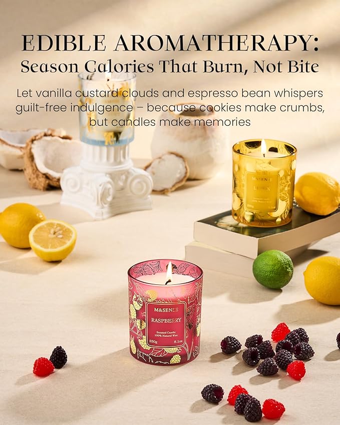 M&SENSE Raspberry Scented Vegan Soy Candles, No Toxin Refreshing Fragrance, 8.1oz 42-Hour Long Burning, Stress Relief Summer Home Candles, Housewarming Gift for Men & Women