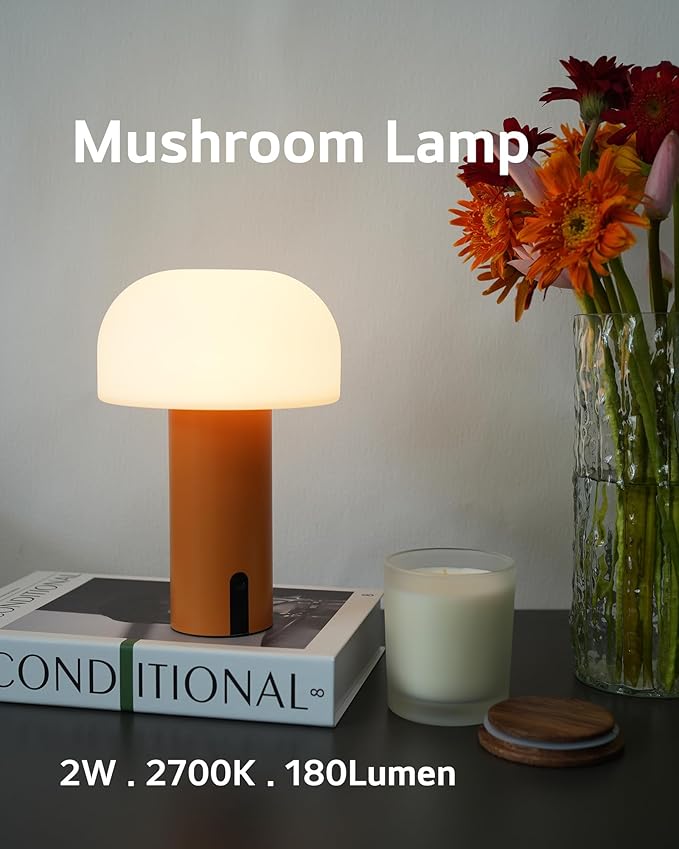 Outdoor Mushroom Table Lamp Rechargeable, Cordless Lamps for Patio Waterproof, Portable Battery Operated Lamp with USB Charging, Touch Dimming Night Light for Home/Porch/Restaurant (Orange)