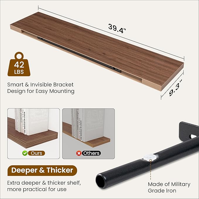 Fun Memories 40 Inch Walnut Floating Shelves, 9.3 Inch Deep Wall Shelves for Living Room|Bedroom|Kitchen, Rusitc Wall Mounted Bathroom Shelves 2 Pack, Heavy-Duty Deep Shelf for Books，Decor