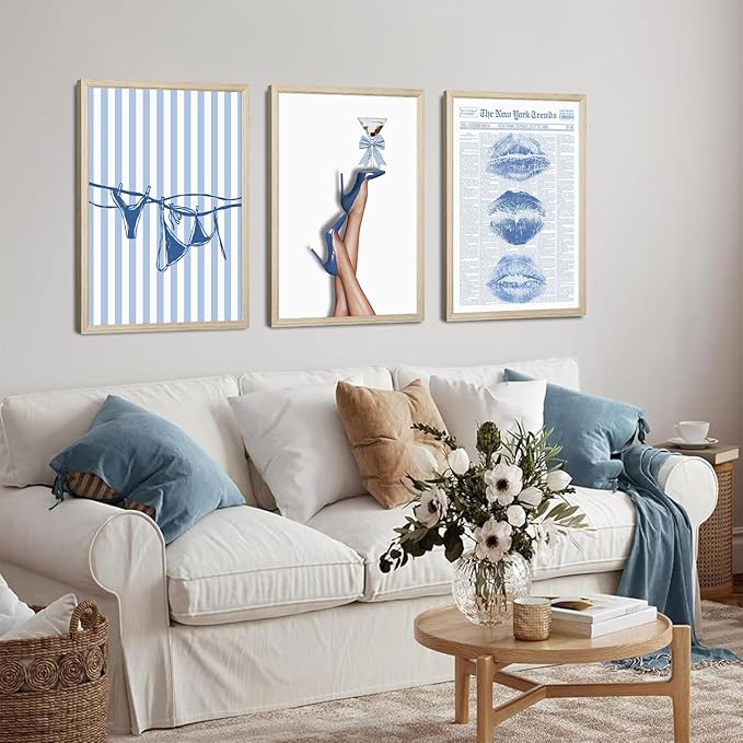 Blue Coquette Wall Art Decor Preppy Trendy Aesthetic Posters Funky Retro Y2k Canvas Wall Art Decor Blue Bow Bikini Lips Prints Girly Room Artwork for Dorm Bedroom 16x24 Inch Wood Framed Set of 3