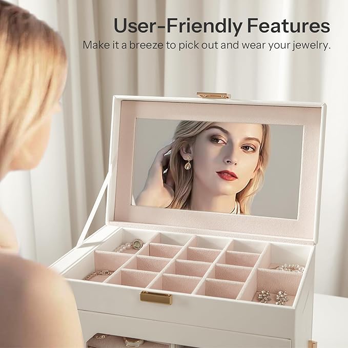HOOBRO Jewelry Box with Mirror and Makeup Organizer Cart with Fabric Drawers Bundles, Jewelry Storage Case, Cosmetics Display Cases, for Earrings, Rings, Necklaces, Bracelets WT03JB04G2-WN19TC04