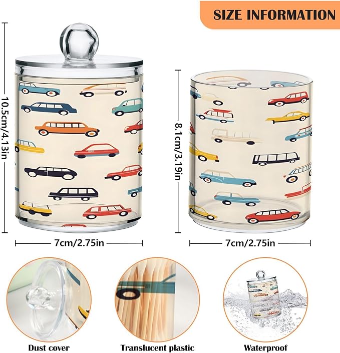 Nander 2Pack Cartoon Car Qtip Holder Dispenser -Clear Plastic Apothecary Jars Set - Restroom Bathroom Makeup Organizers Containers for Cotton Swab, Ball, Pads, Floss