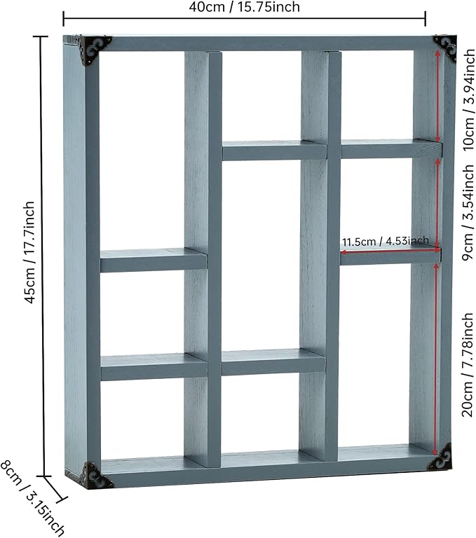 17.7x15.7-Inch Shadow Box Shelf 9-Slot Rustic Floating Shelves Larger Wall Mounted Shelf Lightweight Solid Wood Display Shelf Freestanding Farmhouse Shelf (9C-Dark Gray)