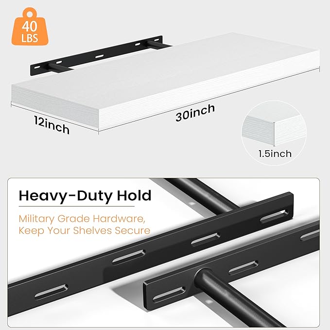 Fun Memories White Floating Shelves - 2 Pack 30 Inch Long Rustic Wooden Wall Shelves - 12 Inch Deep Wall Mounted Storage Shelf with Invisible Heavy-Duty Brackets for Books, Bathroom, Kitchen