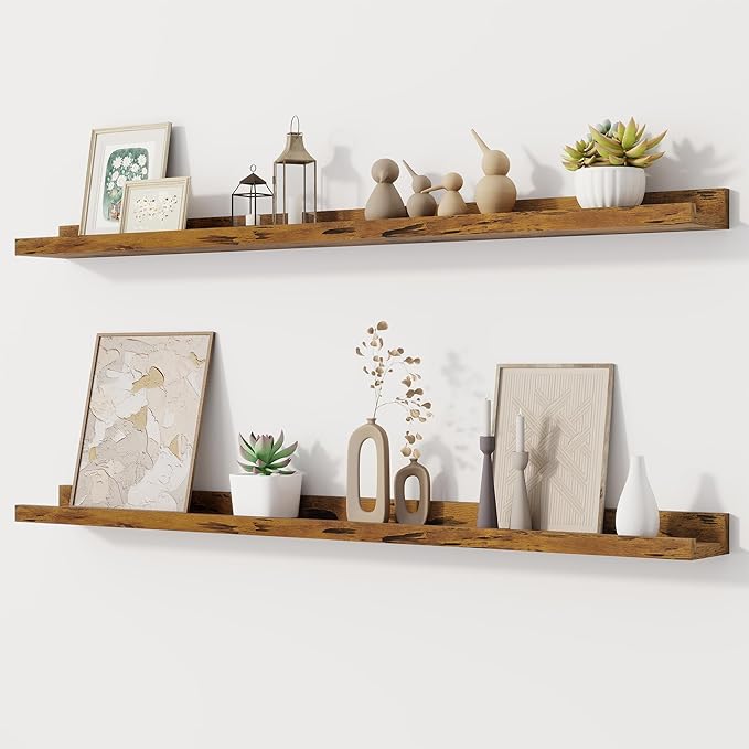 Fun Memories Picture Ledge Shelf, 32 Inch Floating Shelves Set of 2, Large Nursery Book Shelves for Toys Storage, Kids Bookshelf Wall Mounted for Wall Decor Books Photo Frames, Rustic Brown