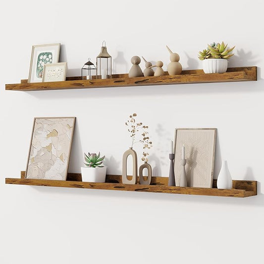 Fun Memories Picture Ledge Shelf, 32 Inch Floating Shelves Set of 2, Large Nursery Book Shelves for Toys Storage, Kids Bookshelf Wall Mounted for Wall Decor Books Photo Frames, Rustic Brown