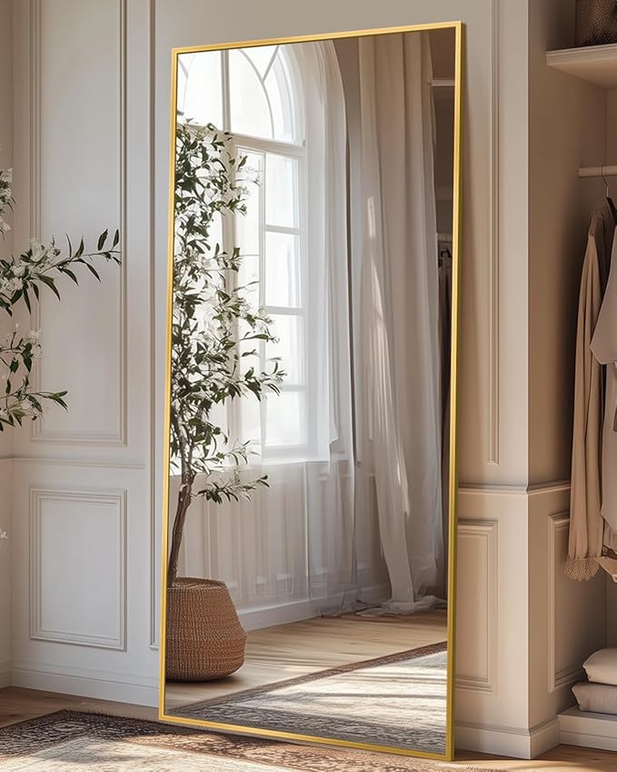Antok Full Length Mirror, 58"x21" Floor Mirror with Stand, Hanging Mounted Mirrors for Bedroom, Living Room, Cloakroom, Dining Room, Gold, Rect