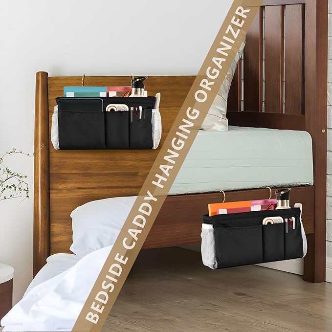 Black Bedside Caddy Storage Bag Bedside Organizer for Bed Rails College Dorm Room Organizer Caddy Hanging Shelf 6 Pockets with Hooks for Drinks Magazine Phone Holder