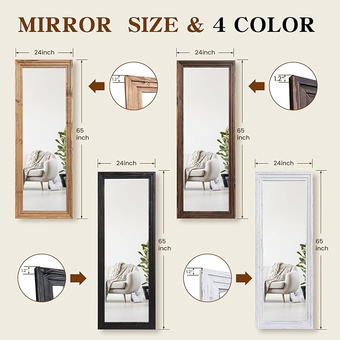 Full Length Mirror 65"x24" Solid Wood Frame Floor Large Mirror for Living Room, Bedroom Hanging or Leaning Wall-Mounted, Light Brown