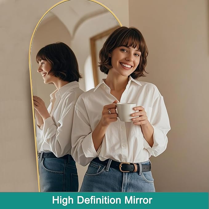 TinyTimes Arched Full Length Mirror, 58"x18" Floor Mirror with Stand, Large Full Body Mirrors, Arch Wall Mirror, Big Full Size Mirrors for Bedroom, Aluminum Frame, Gold