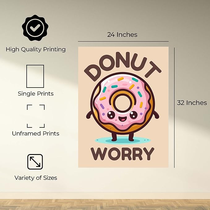 InkFlow Posters Donut Worry Poster - Smiling Donut Illustration - Playful Kawaii Food Art - Kids Bedroom Playroom Kitchen Decor - Cheerful Cartoon Wall Print - 24x32 Unframed Canvas Print