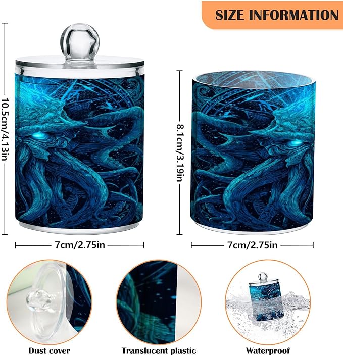 Monster Creature Print Bathroom Containers Holder with Lids Set Clear Jars 2 Pack Plastic Makeup Storage Organizer 4.13 x 2.75In for Vanity Floss Picks Balls