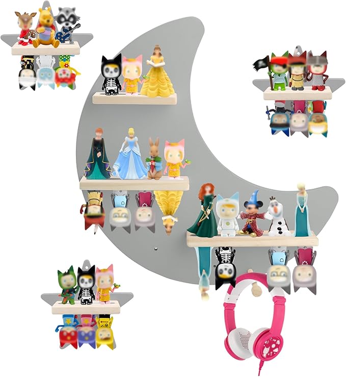 for Toniebox Starter Tonie Shelf Wall Mounted Set,Tonies Figures Tonies Storage,Magnetic Wooden Floating Shelves Compatible with Tonie box Player Character for Children Room (grey-without box shelf)