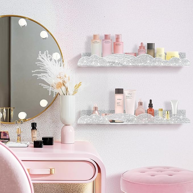Rainbow Glitter Acrylic Floating Shelves, 15.7" Wall Mounted Nursery Bookshelves, Display Ledge for Books Toys Cosmetic Storage, Bathroom Bedroom Living Room Wall Organizer, 4 Pack, Silver