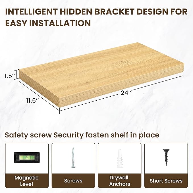 Acovy 24 Inch Floating Shelves, 12 Inch Deep Floating Shelves for Wall, Floating Shelf with Invisible Brackets, Deep Shelves for Bathroom, Bedroom, Living Room, 2 Pack, Natural