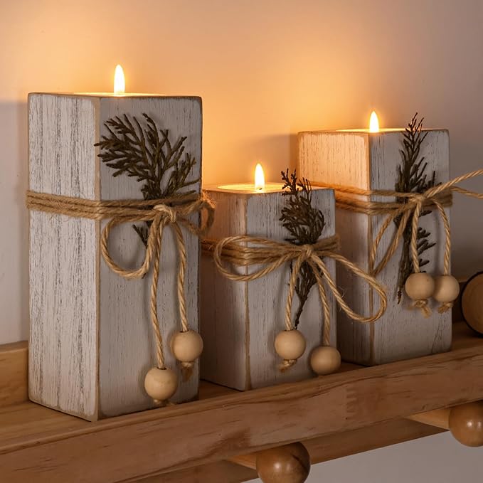 MelonBoat Rustic Flameless LED Candles 3-Pack, Battery Operated Candles with Wooden Candle Holders, White Rustic Farmhouse Decor, Farmhouse Candle Holder for Valentines Holiday Party Home Decor