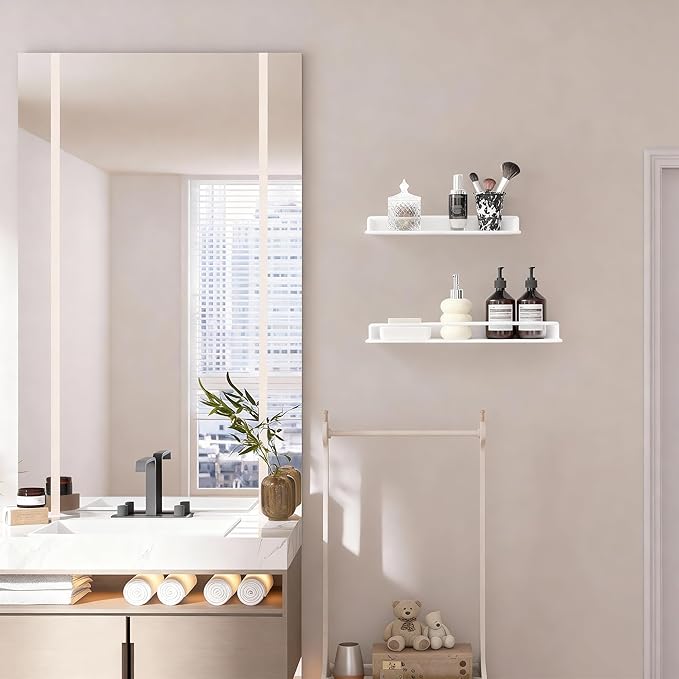 RFOUO Small Shelf for Wall, Small Floating Shelf, Black Wall Shelves, Metal Bathroom Shelves, Metal Floating Shelves for Bathroom Bedroom Kitchen (White, 8Inch)